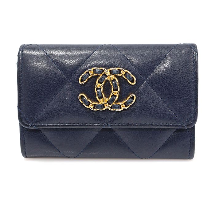 CHANEL Navy Lambskin Gold CC Logo Flap Card Wallet 19 (30 Series) AP1790