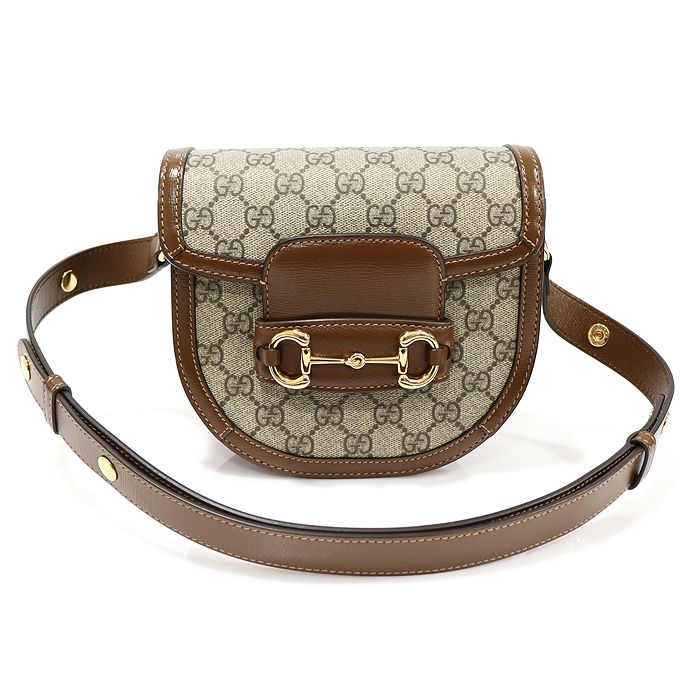 Gucci Brown Leather Horsebit Round Mini Shoulder Bag 1955 GG Supreme Canvas (SKU: EP11528GU)