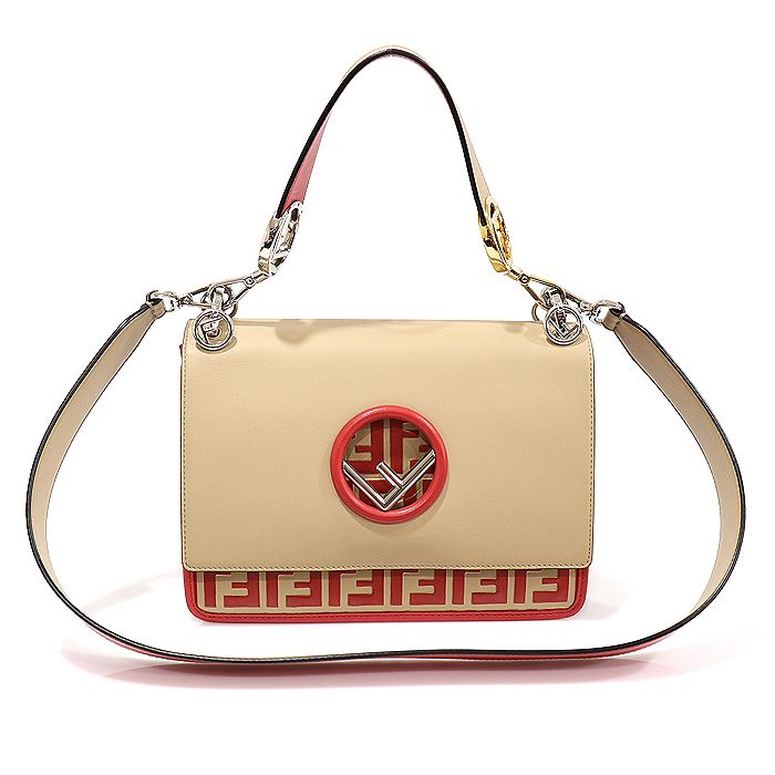 Fendi Red Beige Calfskin KAN I Tote 2WAY Bag 8BT284
