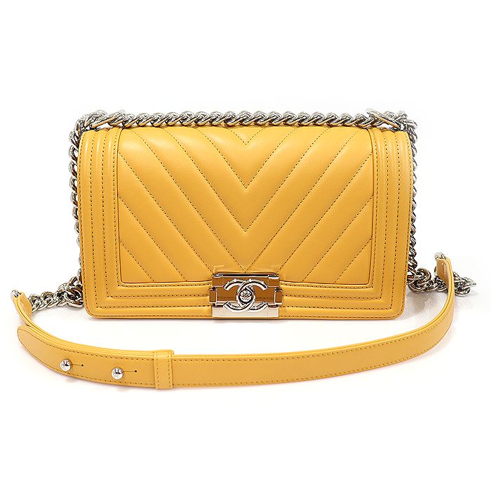 CHANEL Yellow Calfskin Chevron Old Boy Medium Flap Shoulder Bag (Size 22) A67086