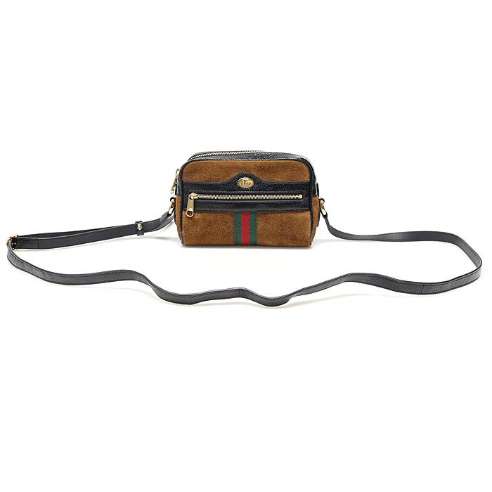 Gucci Brown Suede Black Patented Leather Web Ophidia Mini Crossbody Bag 517350