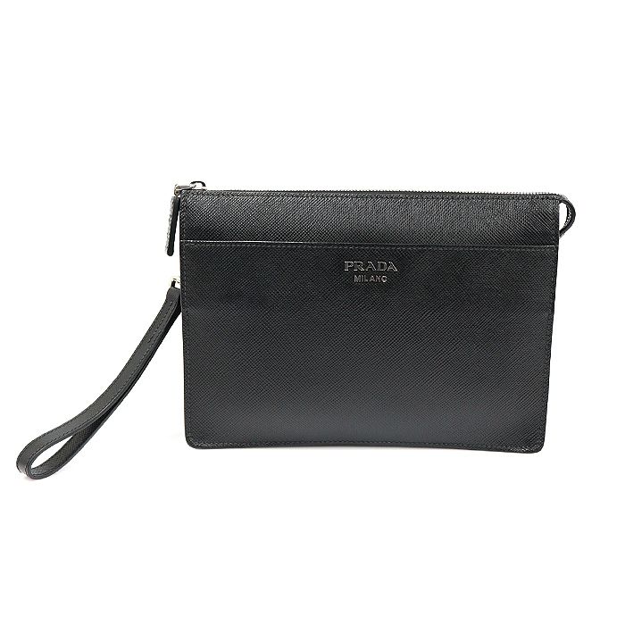 Prada Black Saffiano Leather Logo Strap Pouch Clutch 2VF019