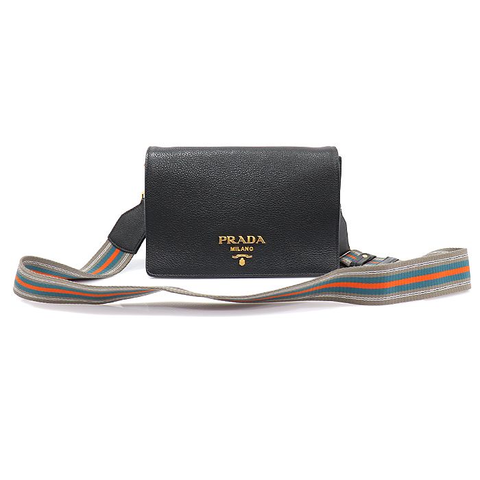 Prada Black Vitello Daino Gold Lettering Logo Shoulder Bag 1BD159