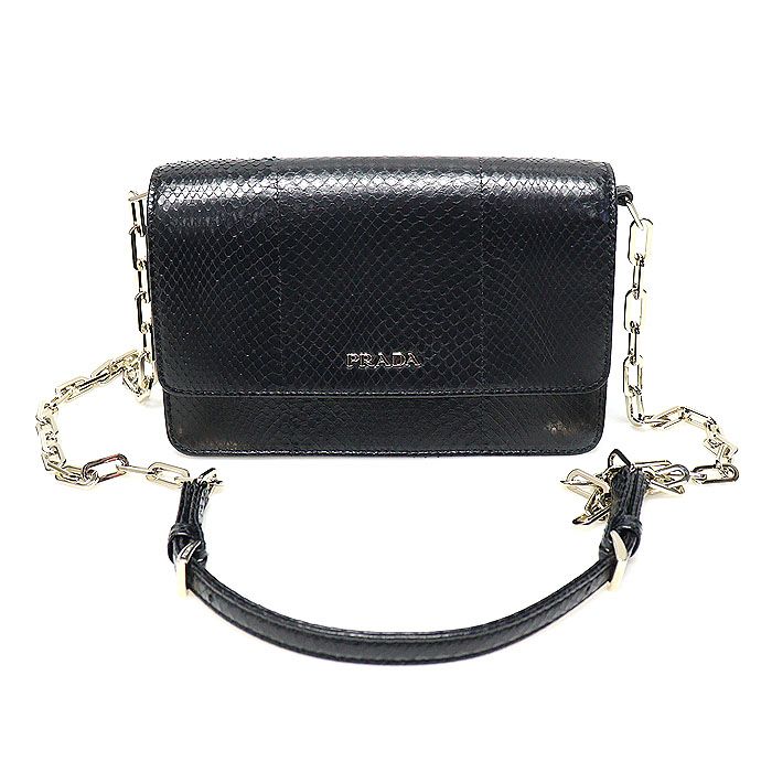 Prada Black Python Gold Chain WOC Flap Crossbody Bag BT1045