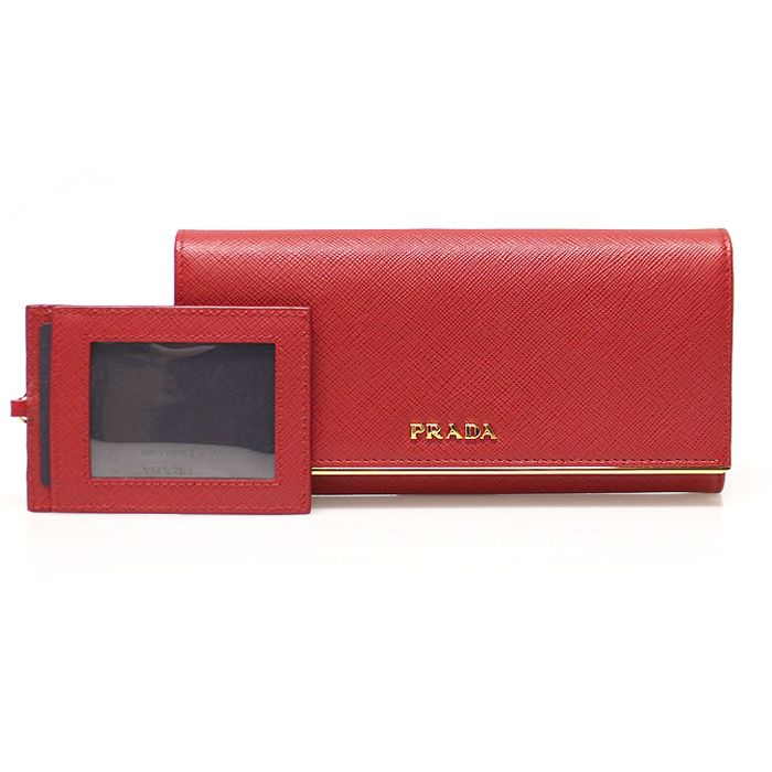 Prada Red Saffiano Leather Metal Bar Wallet 1MH132