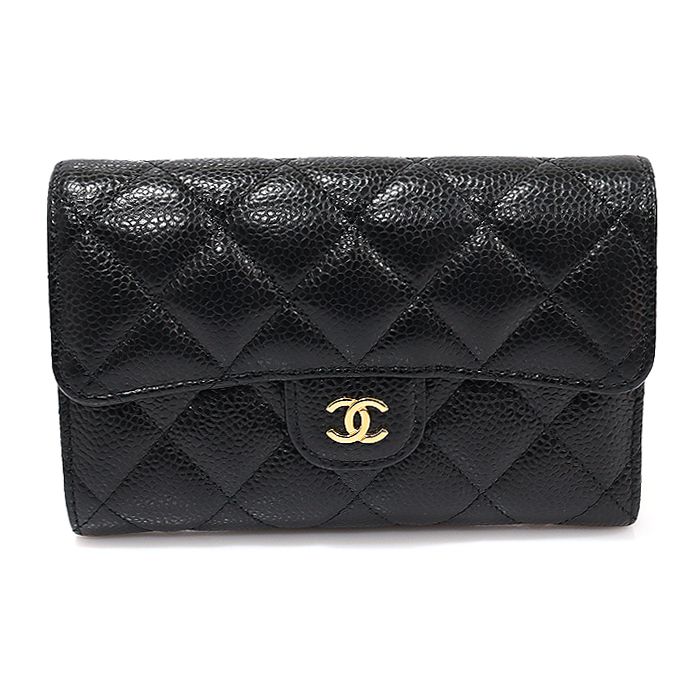 CHANEL Classic Flap Medium Wallet with Black Caviar Gold CC Logo (Size 30) - AP0232