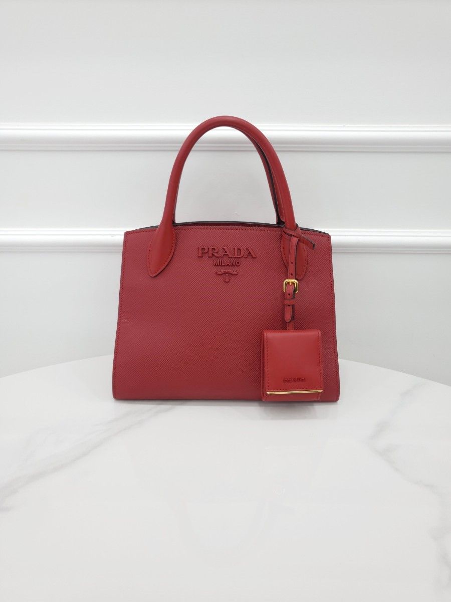 Prada Monochrome Saffiano Tote Shoulder Bag Red 1BA156