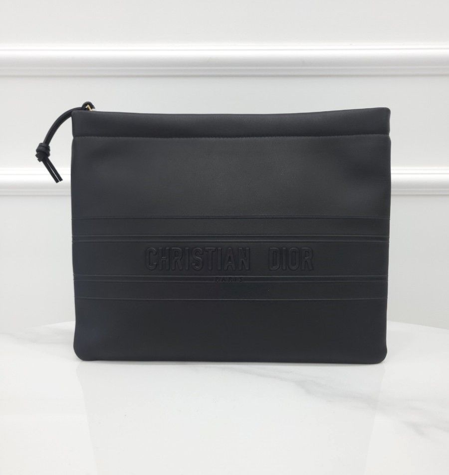 Dior Black Lettering Stripe Embossed Logo Leather Clutch - SKU