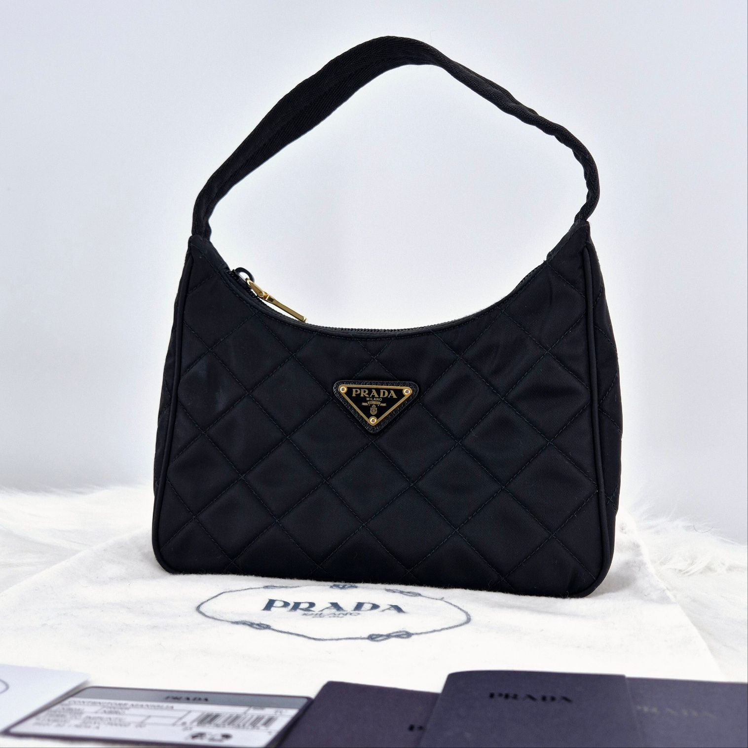 Prada Nylon Triangle Logo Quilted Hobo Bag Black (1NE051)