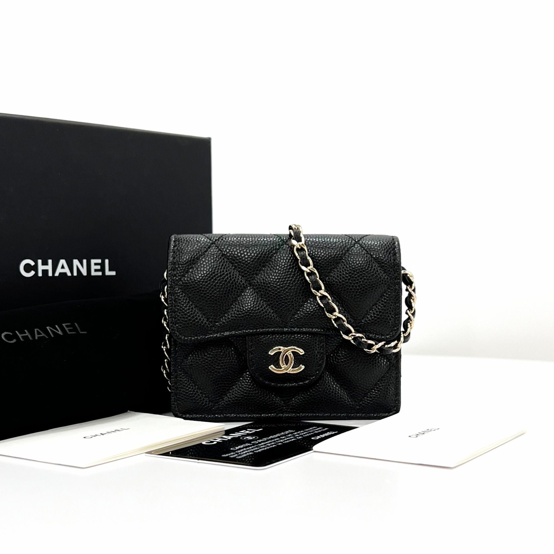 CHANEL Caviar Chain Card Wallet Black 30 Series (AP1730)