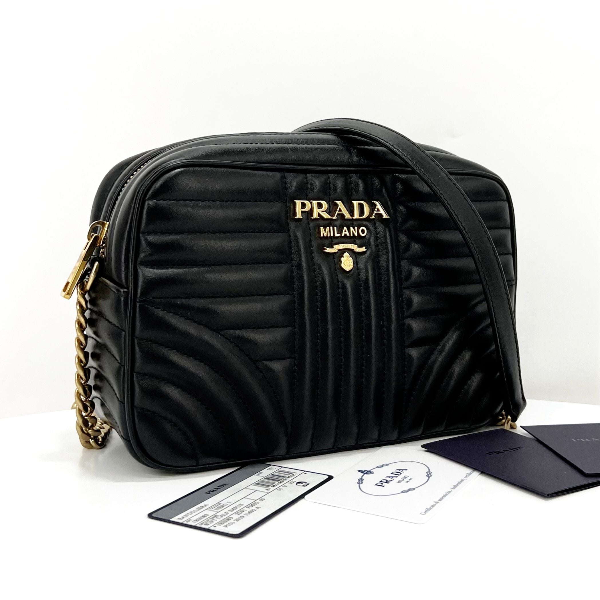 Prada Diagram Gold Chain Crossbody Camera Bag Black (1BH083)