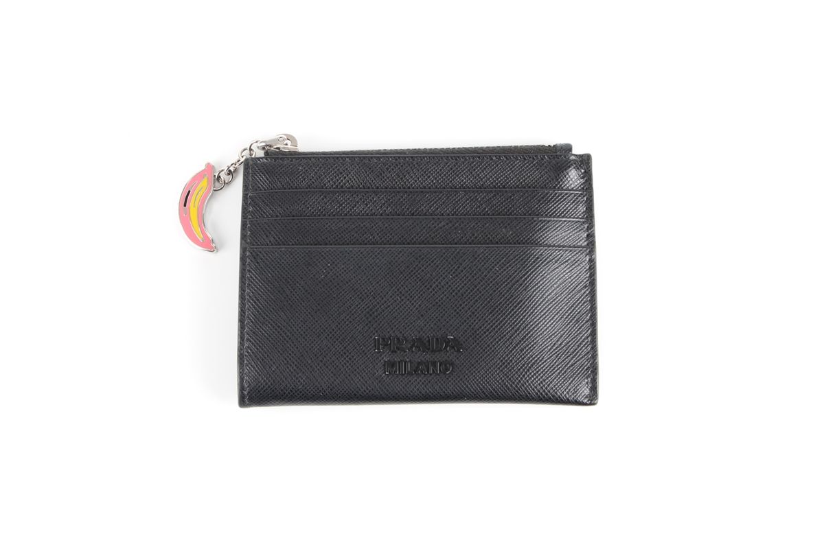 Prada Black Saffiano Banana Charm Card Wallet - SKU