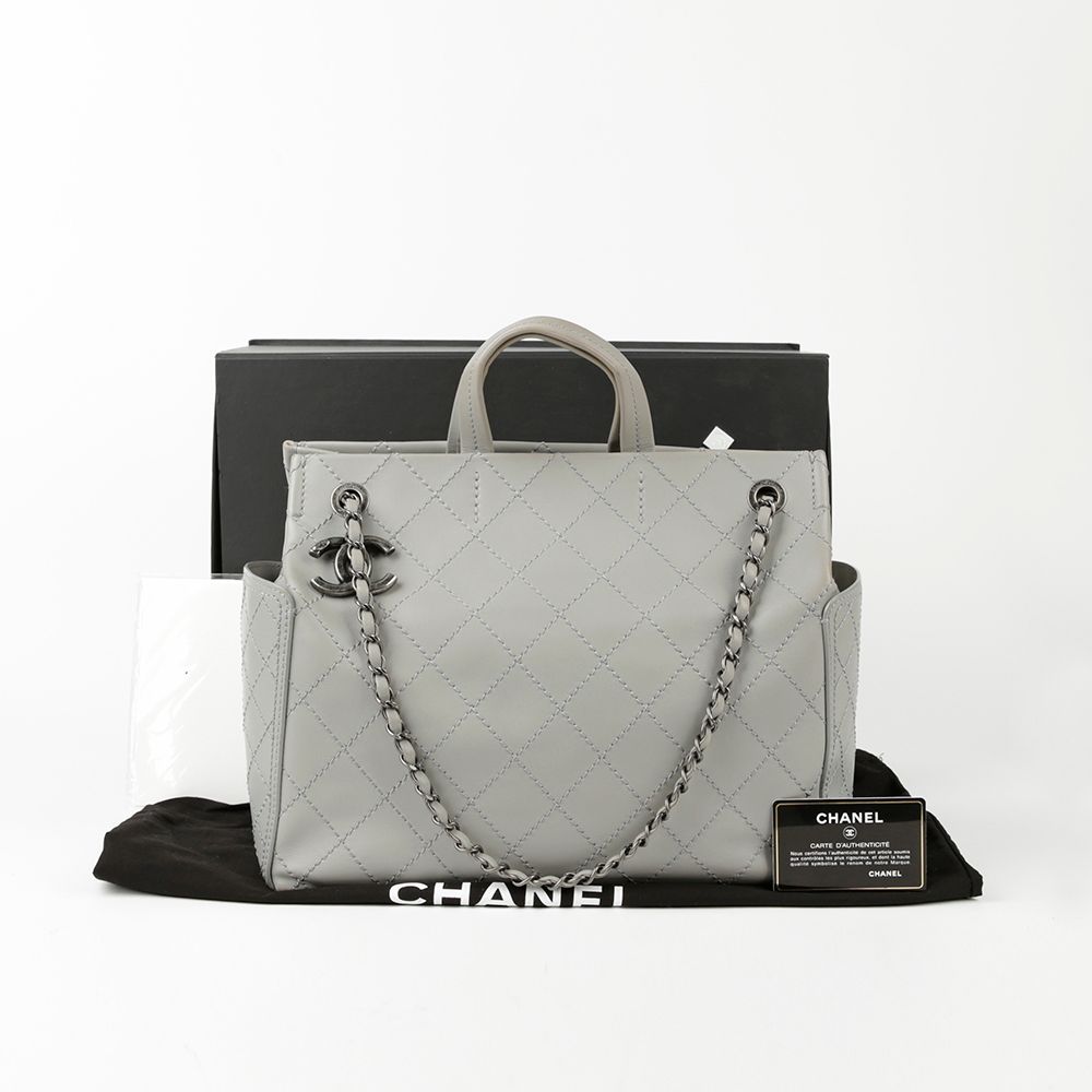 CHANEL Grey Leather Wild Stitch Tote Shoulder Bag A94232