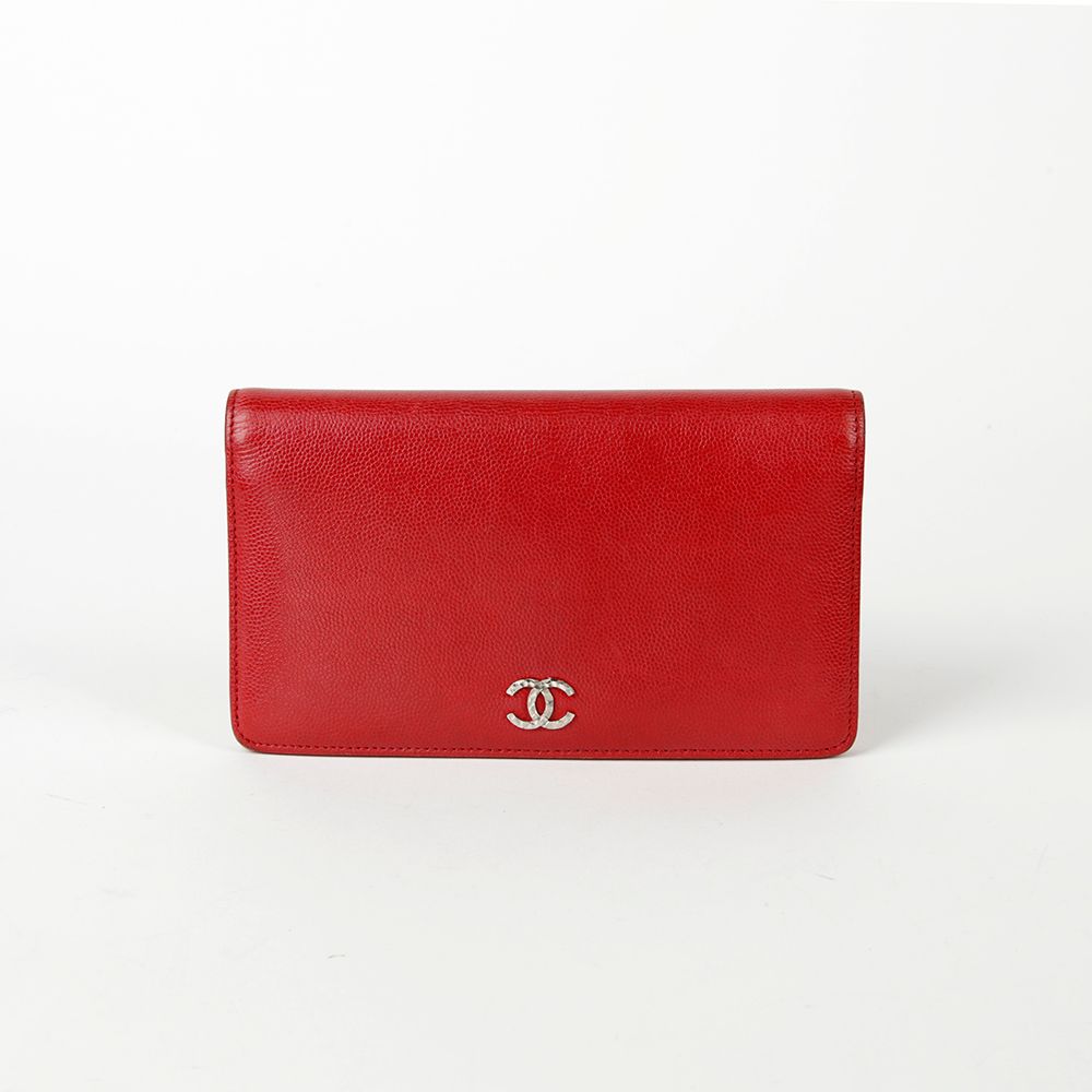 CHANEL Red Caviar Skin CC Logo Flap Long Wallet A46314