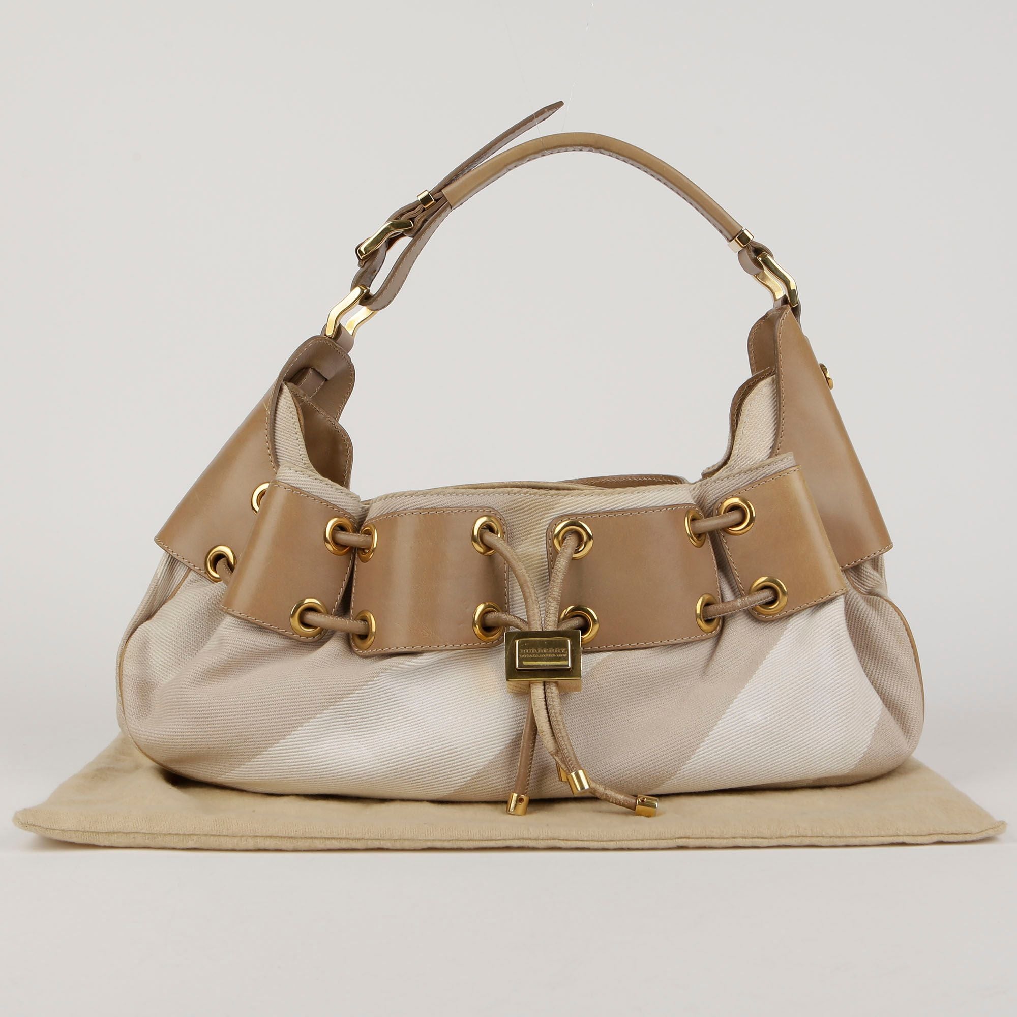 Burberry Beige Fabric Leather Trim Hobo Shoulder Bag - SKU001
