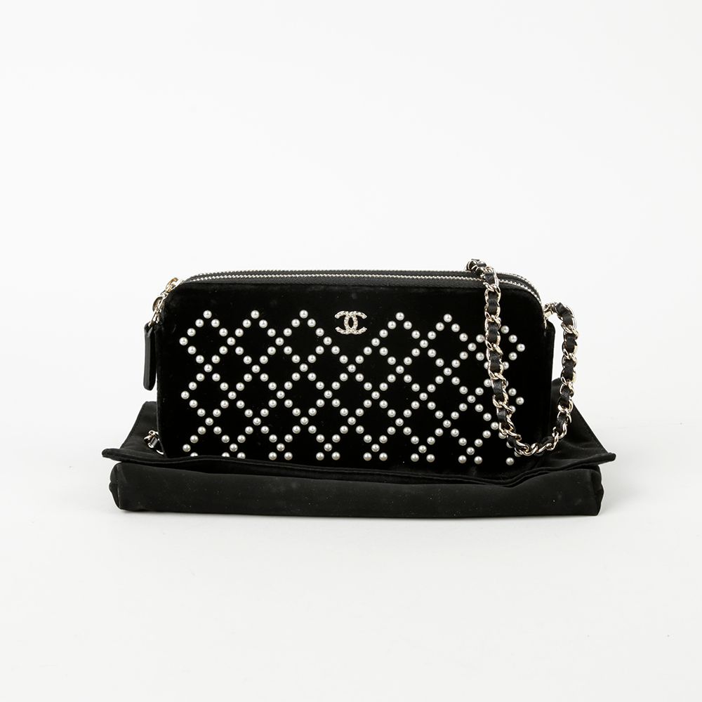 CHANEL Black Velvet Pearl Quilting Double Zip WOC Crossbody Bag - SKU 24