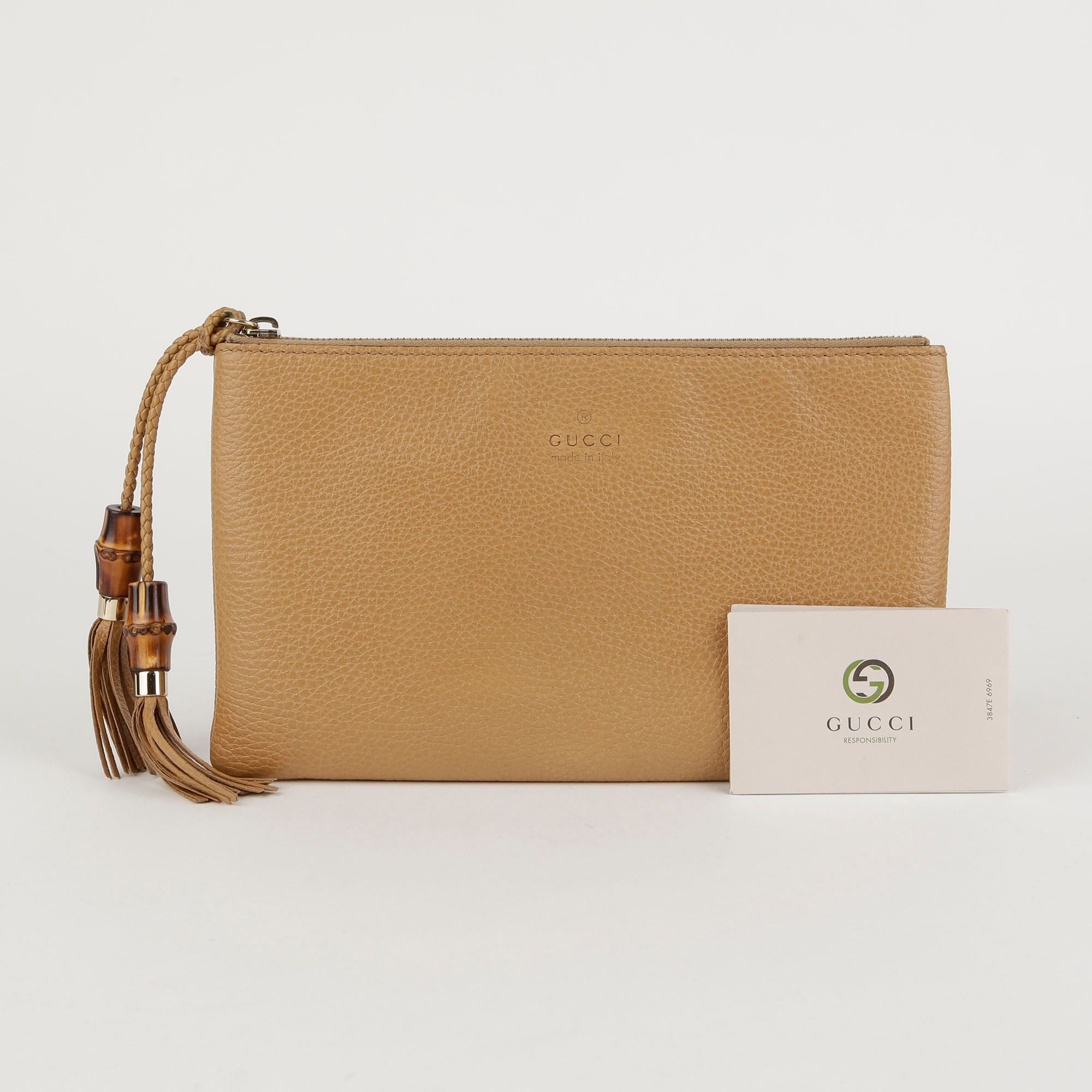 Gucci Beige Leather Snake Print Tassel Pouch 376854