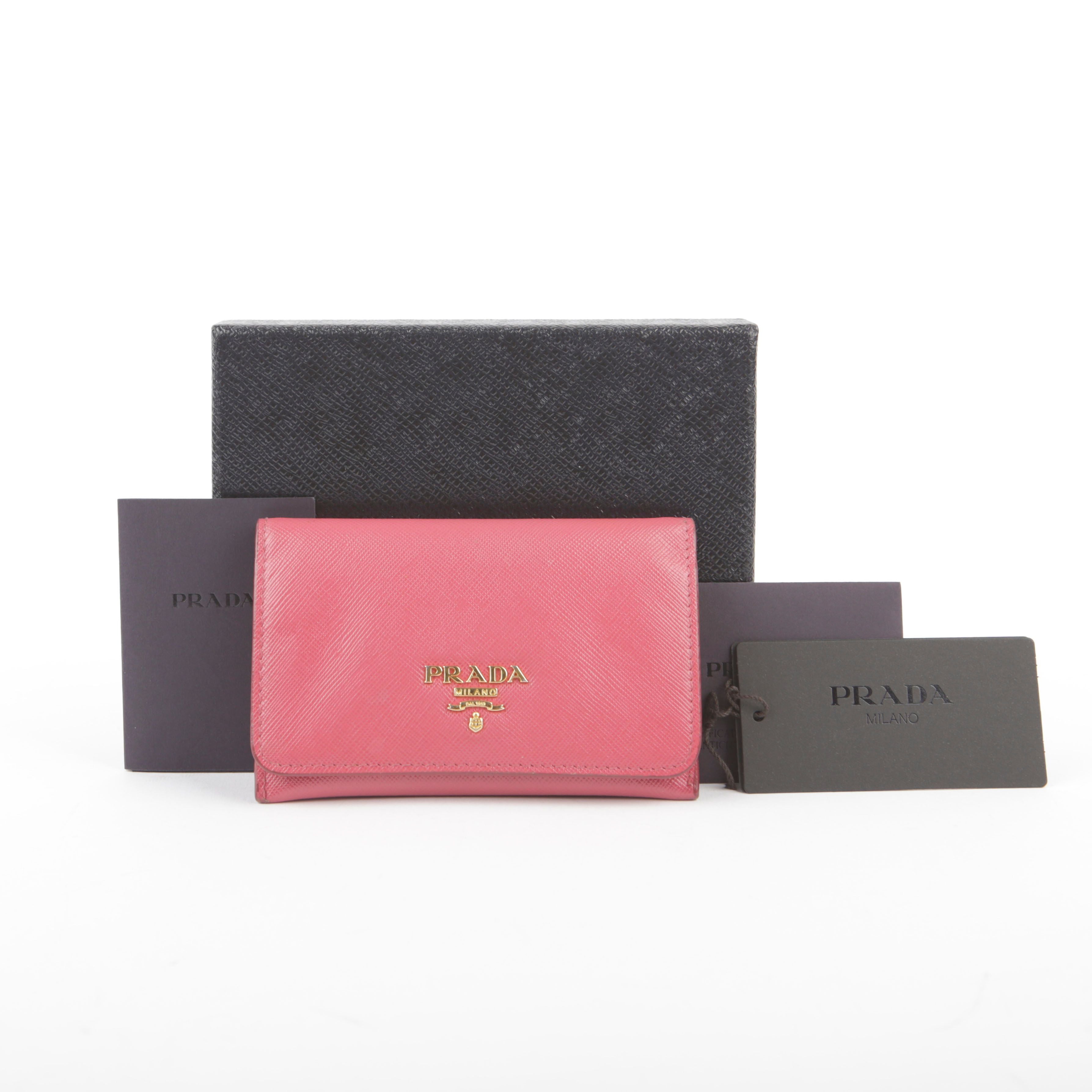Prada Pink Saffiano Leather Metal Logo Card Holder Wallet 1M1362