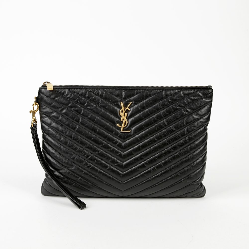 Saint Laurent Matelass Leather Monogram Tablet Pouch & Clutch 559193 Black