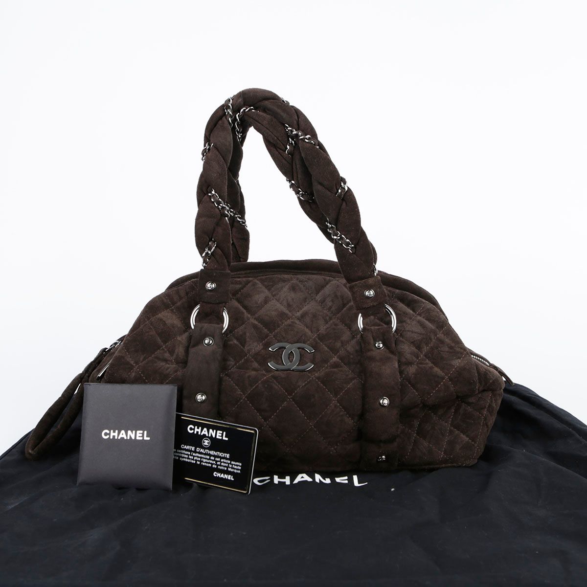 CHANEL Brown Suede Leather Braided Bowling Tote Bag SKU