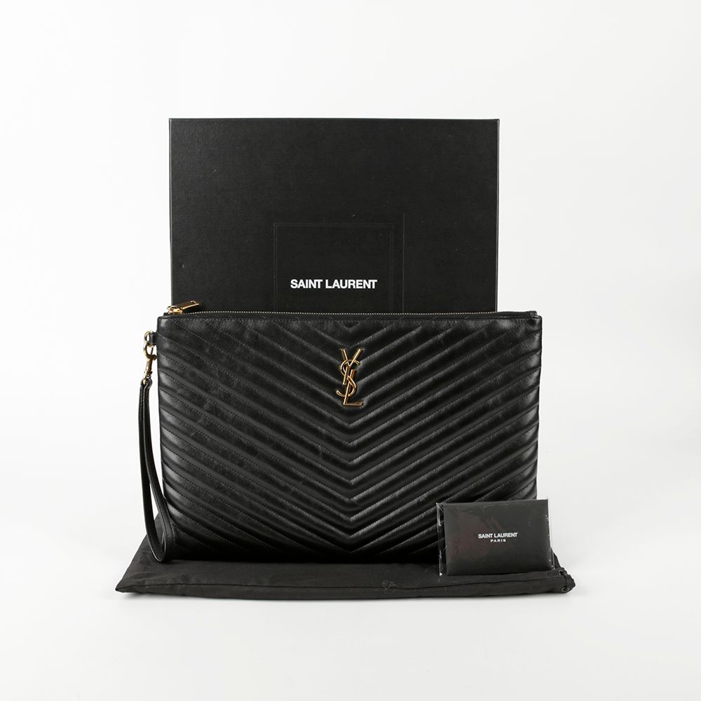 Saint Laurent Black Matelass Leather Monogram Document Holder Clutch 440222