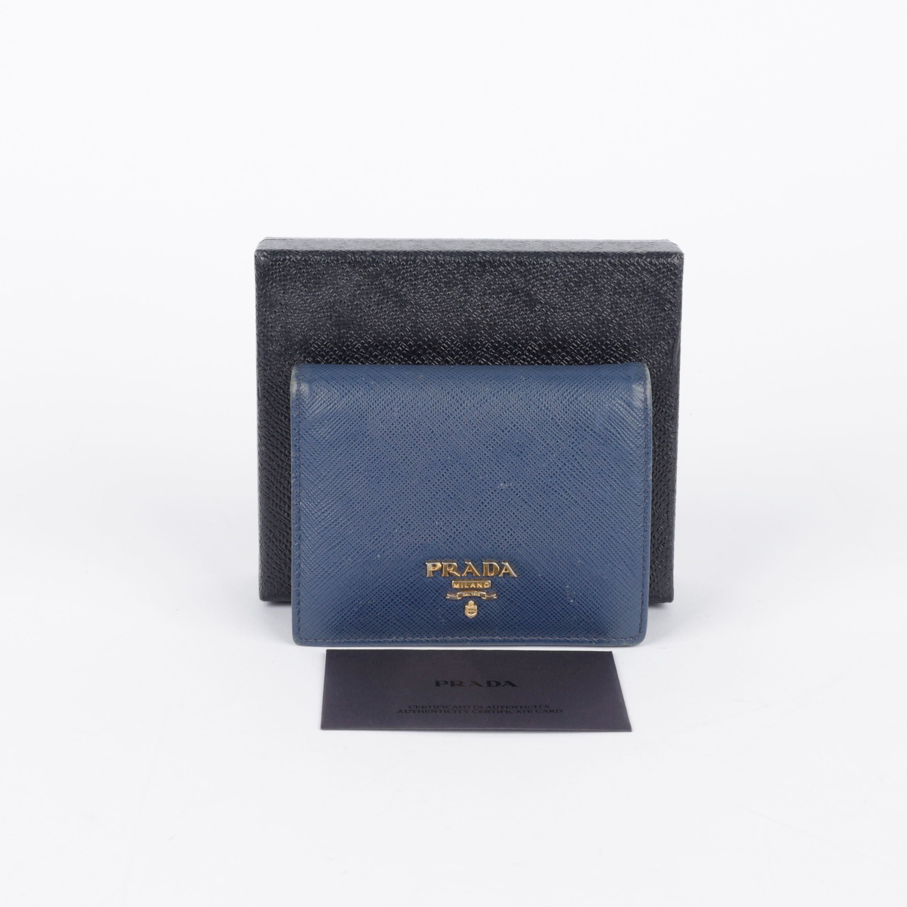 Prada Blue Sapphire Leather Metal Logo Wallet 1MV204