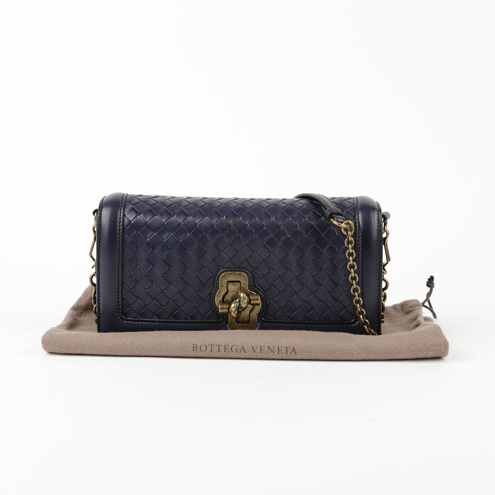 Bottega Veneta Navy Intricate Leather City Knot Chain Shoulder Bag 489681