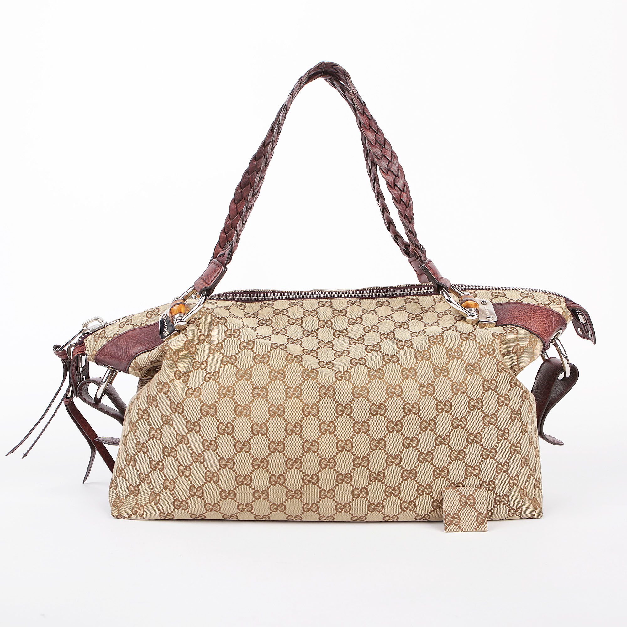 Gucci Brown Leather Trim Woven Handle Snake Print Tote Shoulder Bag 232959