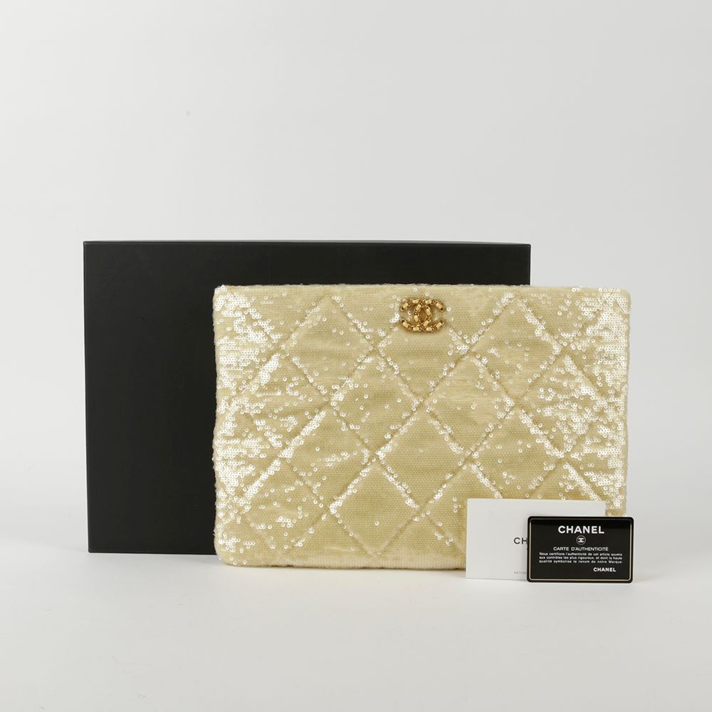 CHANEL Light Yellow Sequin Clutch 19