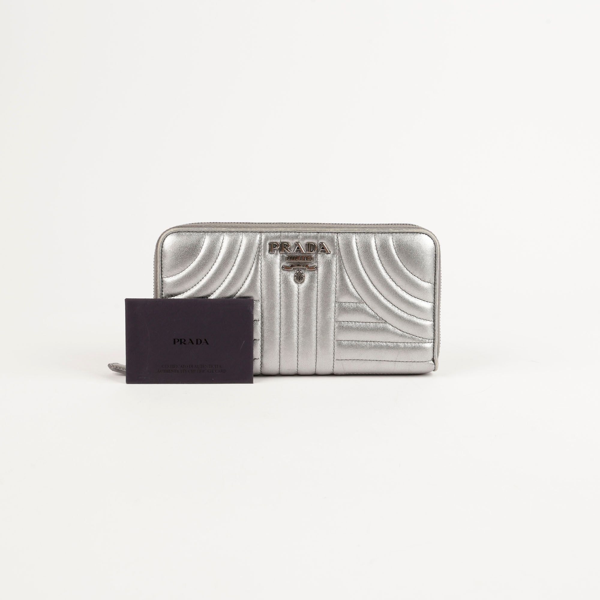 Prada Metallic Silver Leather Diagram Zip Wallet 1ML506