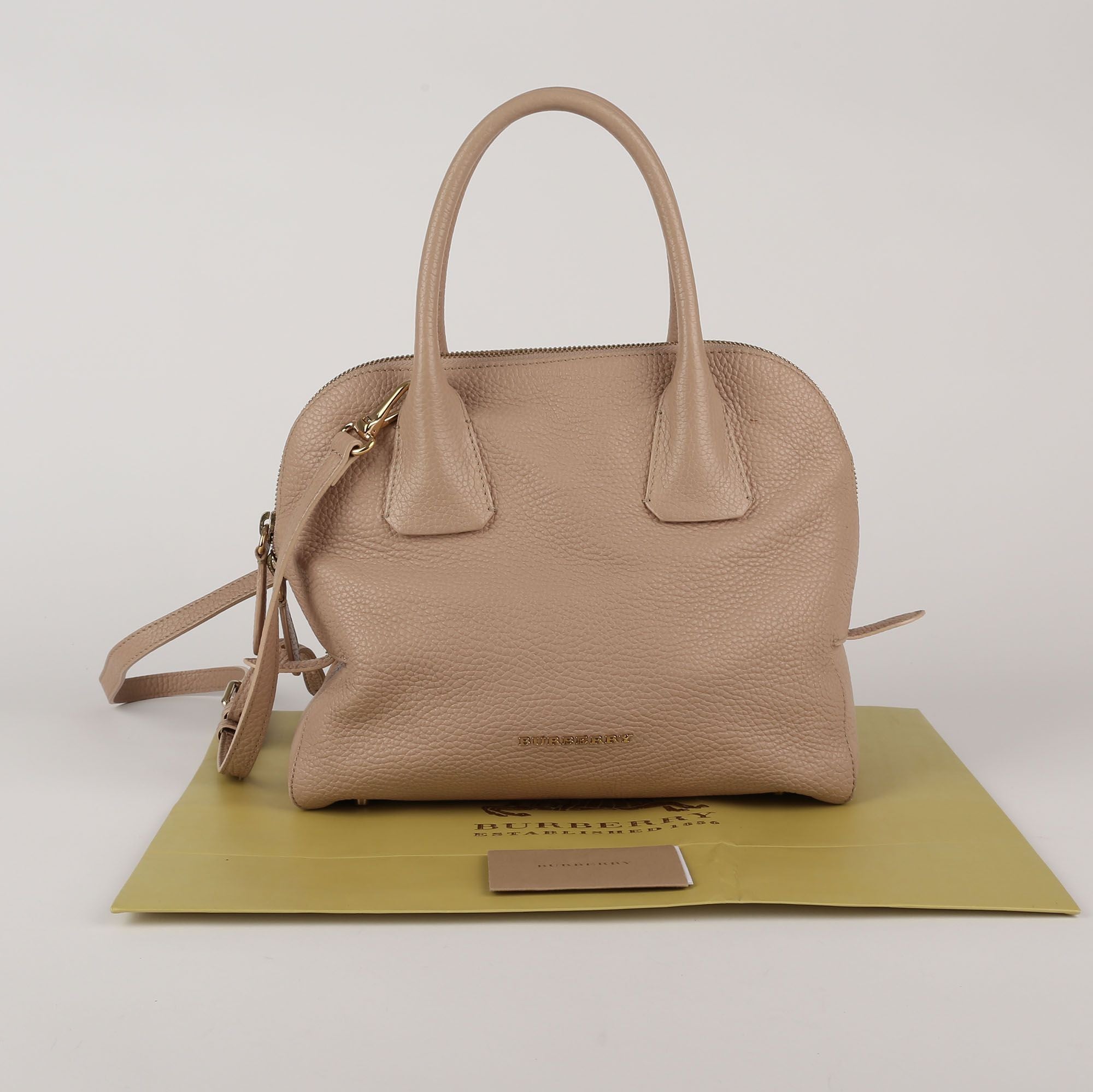 Burberry Small Beige Grainy Leather Green Wood Bowling Tote Shoulder Bag 3965696