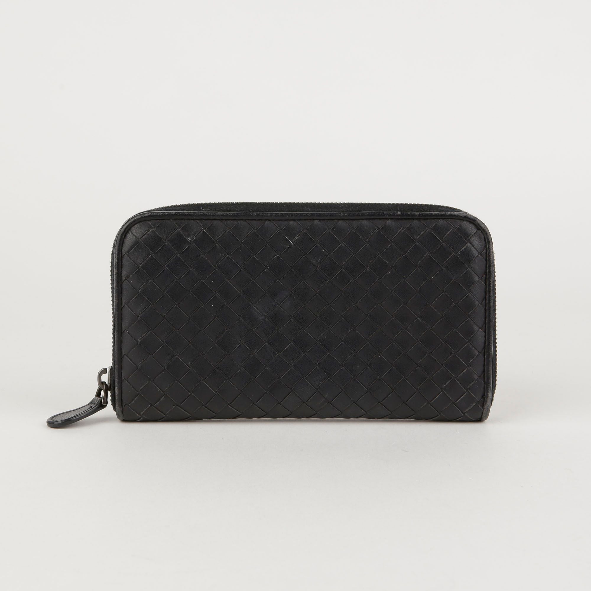 Bottega Veneta Navy Intrecciato Leather Zip Around Wallet 114076