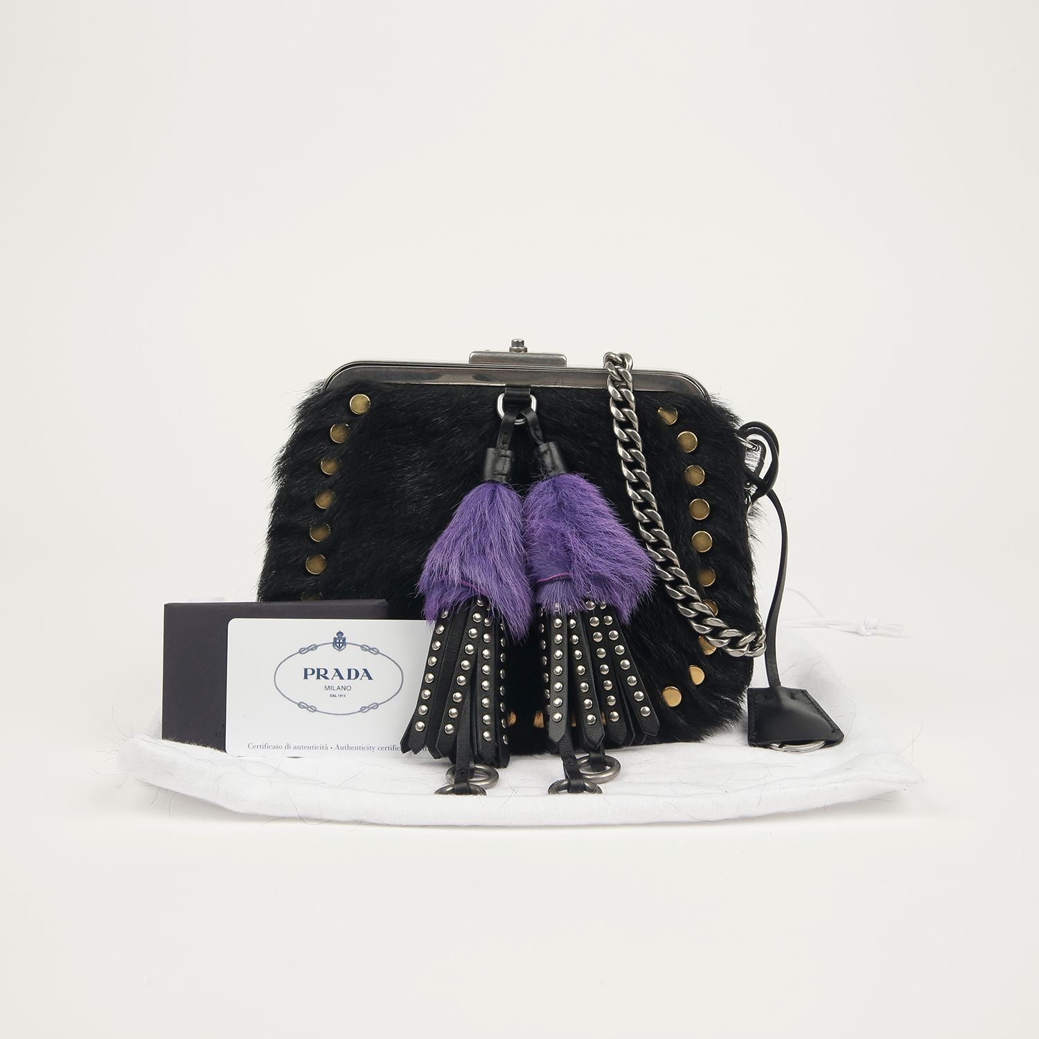 Prada Studded Tassel Faux Fur Shoulder Bag 1BH074