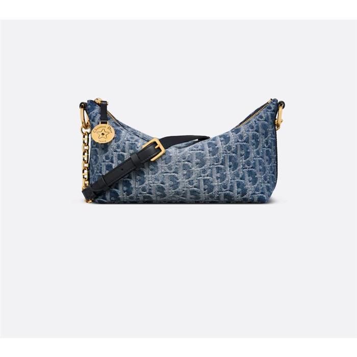Dior Chain Hobo Shoulder Bag in Blue Denim Oblique Fabric S3202UDCE_M49E