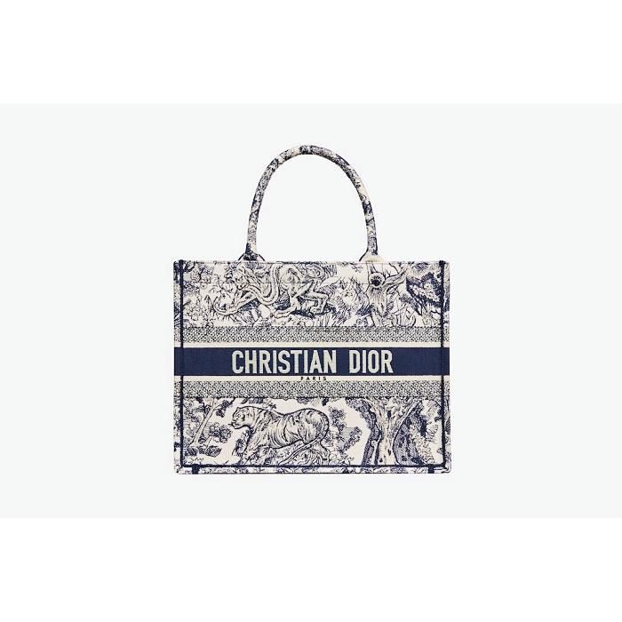 Dior Medium Tote Bag in Ecru & Blue Embroidery M1296ZTDT_M34I