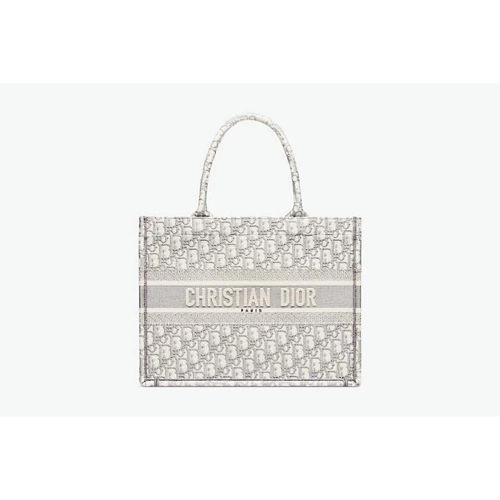 Dior Medium Tote Bag in Ecru & Grey Embroidery M1296ZRIW_M20I