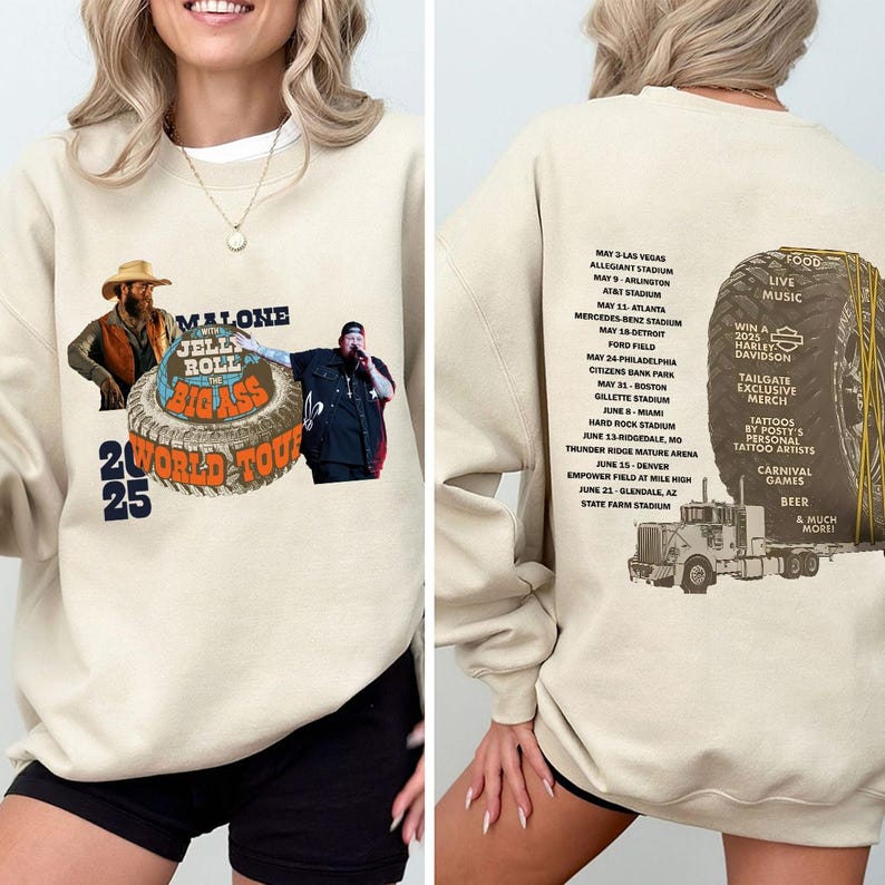 Big Ass Stadium ToursweatShirt, Posty 2025 Tour, Jelly Roll Tour, Posty Tour Merch