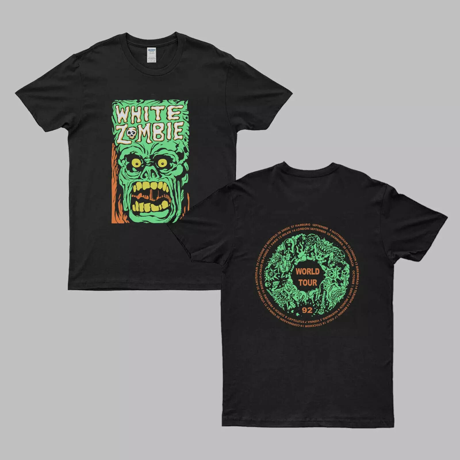 White Zombie Mens Monster World Tour Black Short Sleeve Shirt