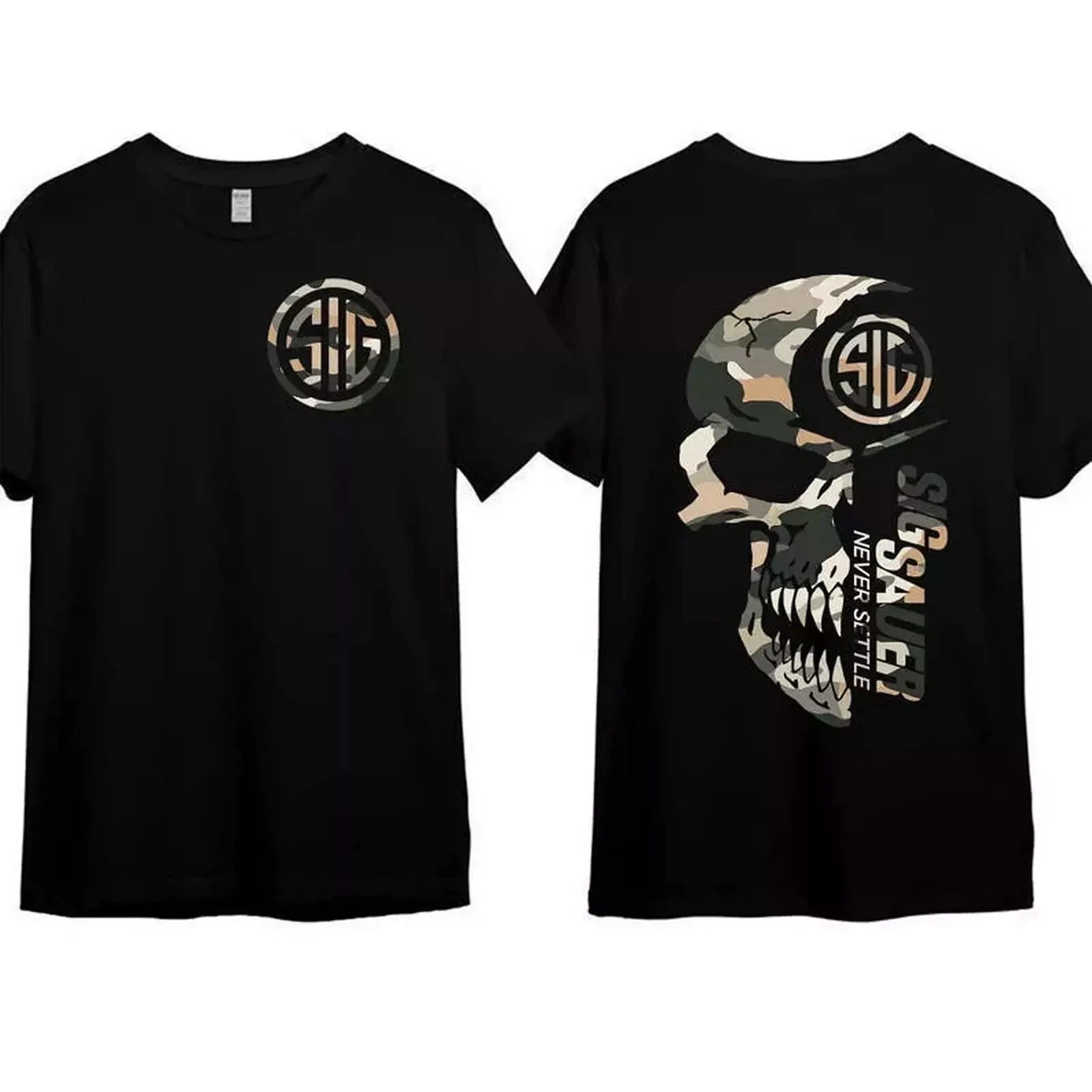 2025 Summer Men'S Camo Shirt, With Sig Sauer Never Settle T-Shirt