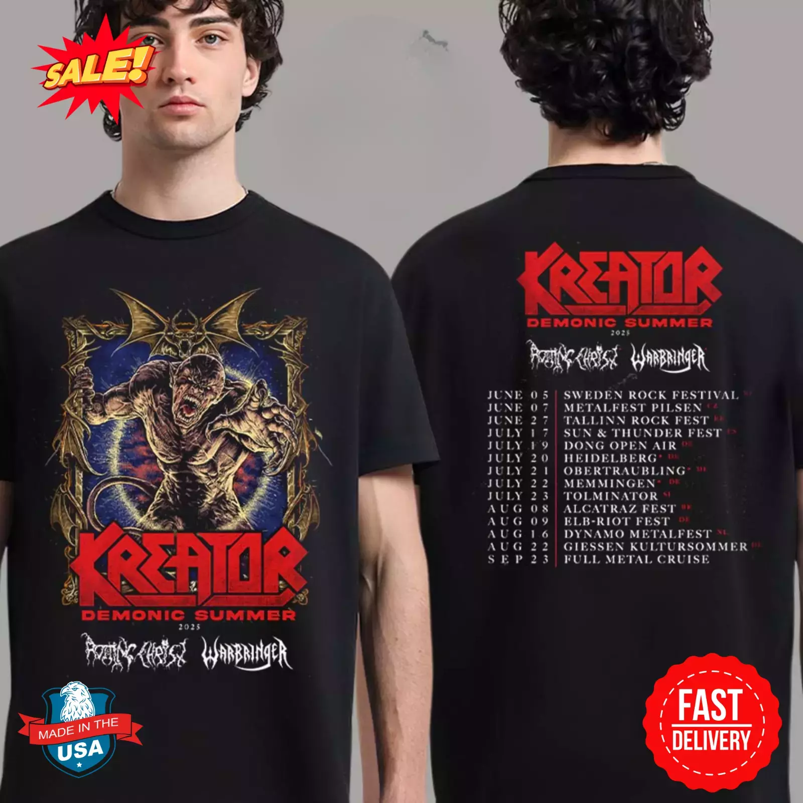 Kreator Demonic Summer 2025 European Tour Dates Two Sides T-Shirt
