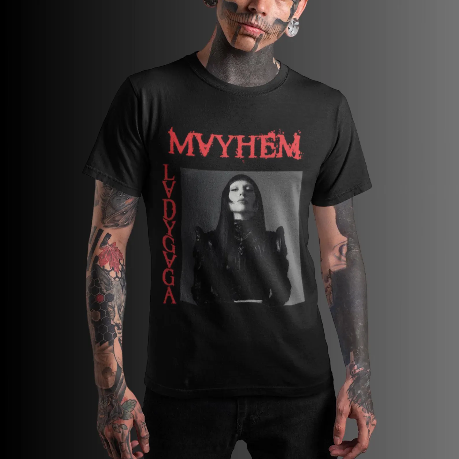 Mayhem Gothic Award Design TShirt, Mayhem Inner Label, Mayhem Red Font Tee