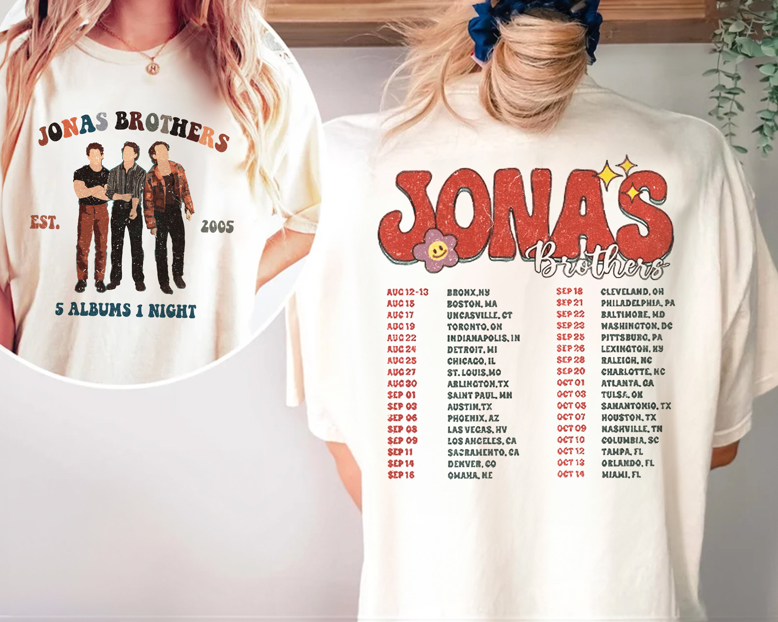 Retro Jonas Brothers Est 5 Albums 1 Night 2 Sides Shirt, Nick Joe Kevin Jonas Tour Dates TShirt, Y2K Five Albums One Night Tour SweatShirt