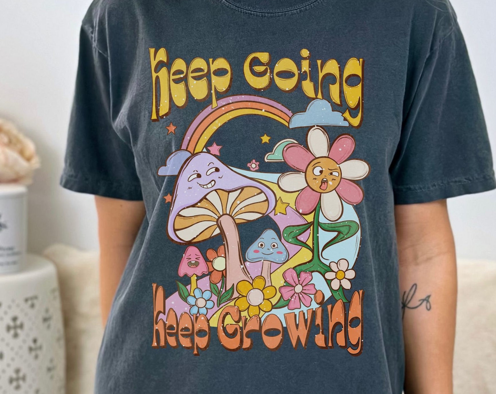 Keep Going Keep Growing, Vintage Shirt, Hippie Mushroom Butterfly Shirt, Retro Inspirational Shirt