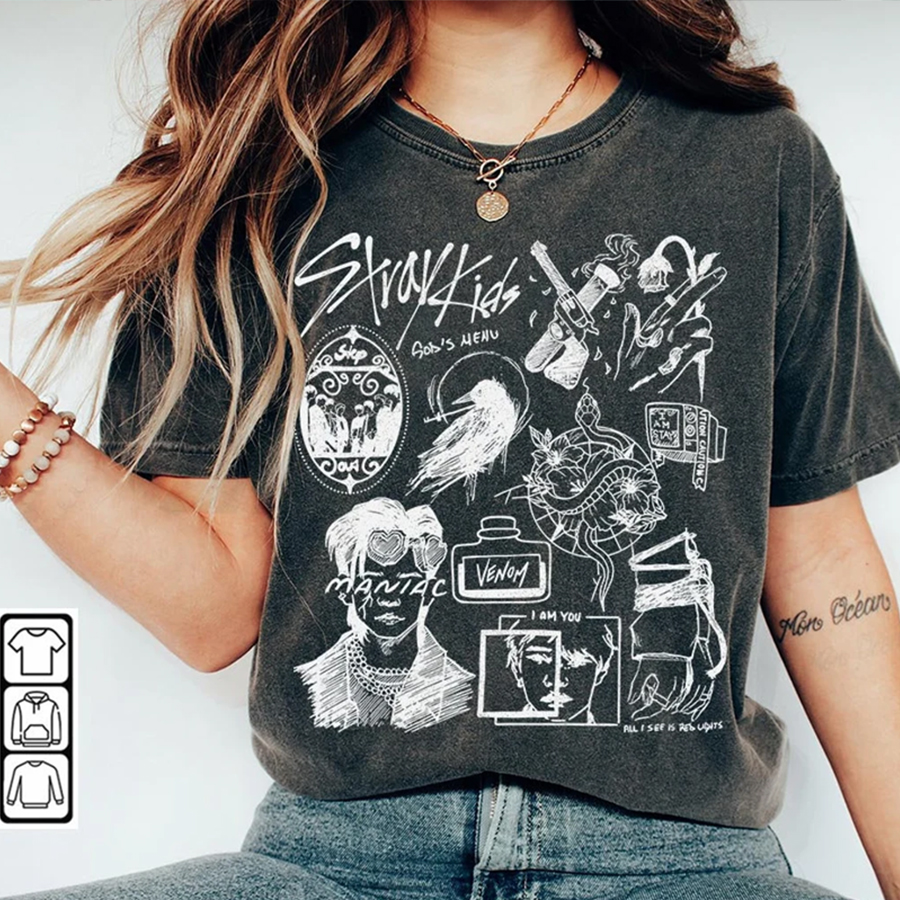 Stray Kid Doodle ArShirt, Vintage Stray Kid Kpop Album Lyric Art Tattoo Graphic Comfort Color Shirt