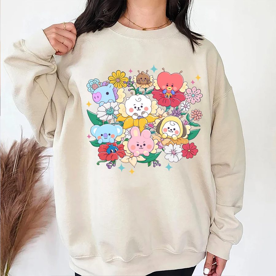 Vintage Bts Bt21 Flower 2 Sides Sweatshirt, Bt21 Flower Sweatshirt, Bt21 Merch Sweatshirt