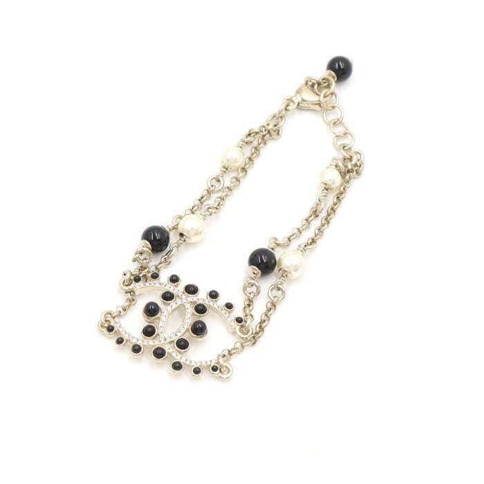 CHANEL Gold-Plated Crystal CC Logo Pearl Black Ball Bracelet AA50792 134334590