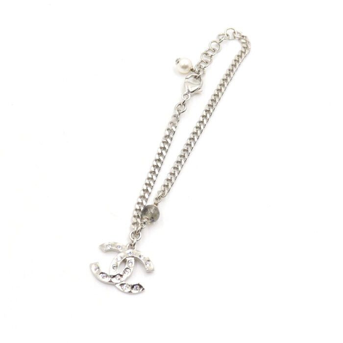 CHANEL CC Logo Crystal Silver-Plate Pearl Chain Women's Bracelet 50884 134551156