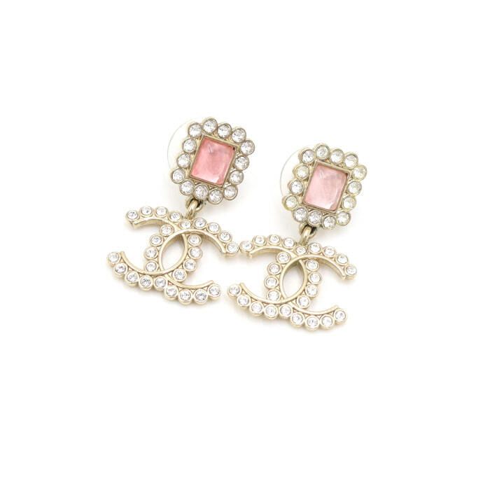 CHANEL 21 Season Crystal Square Pink Drop CC Logo Earrings 50433 134249112