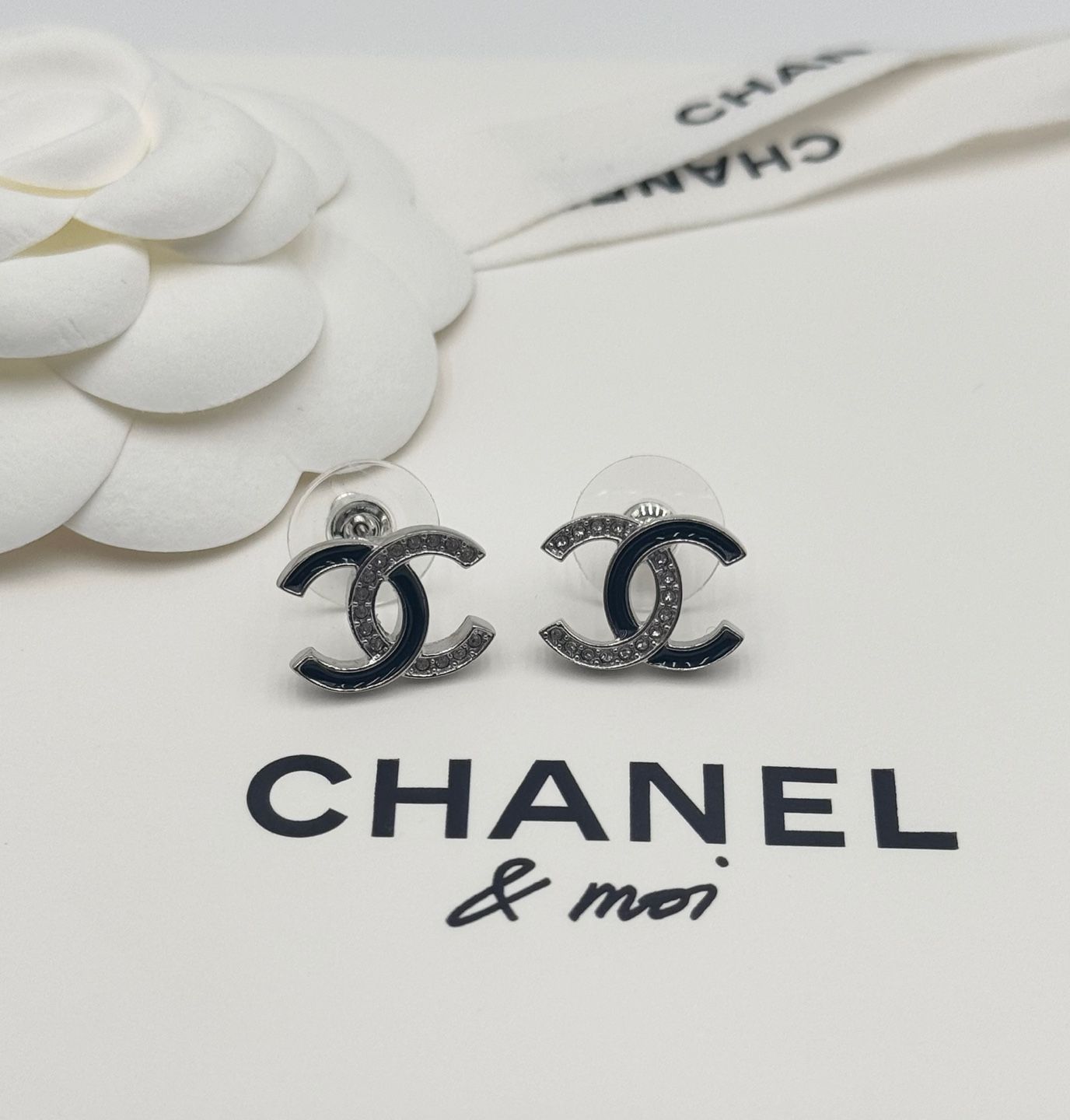 CHANEL Earrings CC Logo Cubic Silver Black ABF806B 134129747