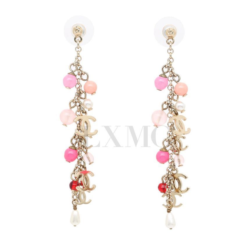 CHANEL Long Drop Earrings Multicolor Gold Pink Pearl 12345 133281037